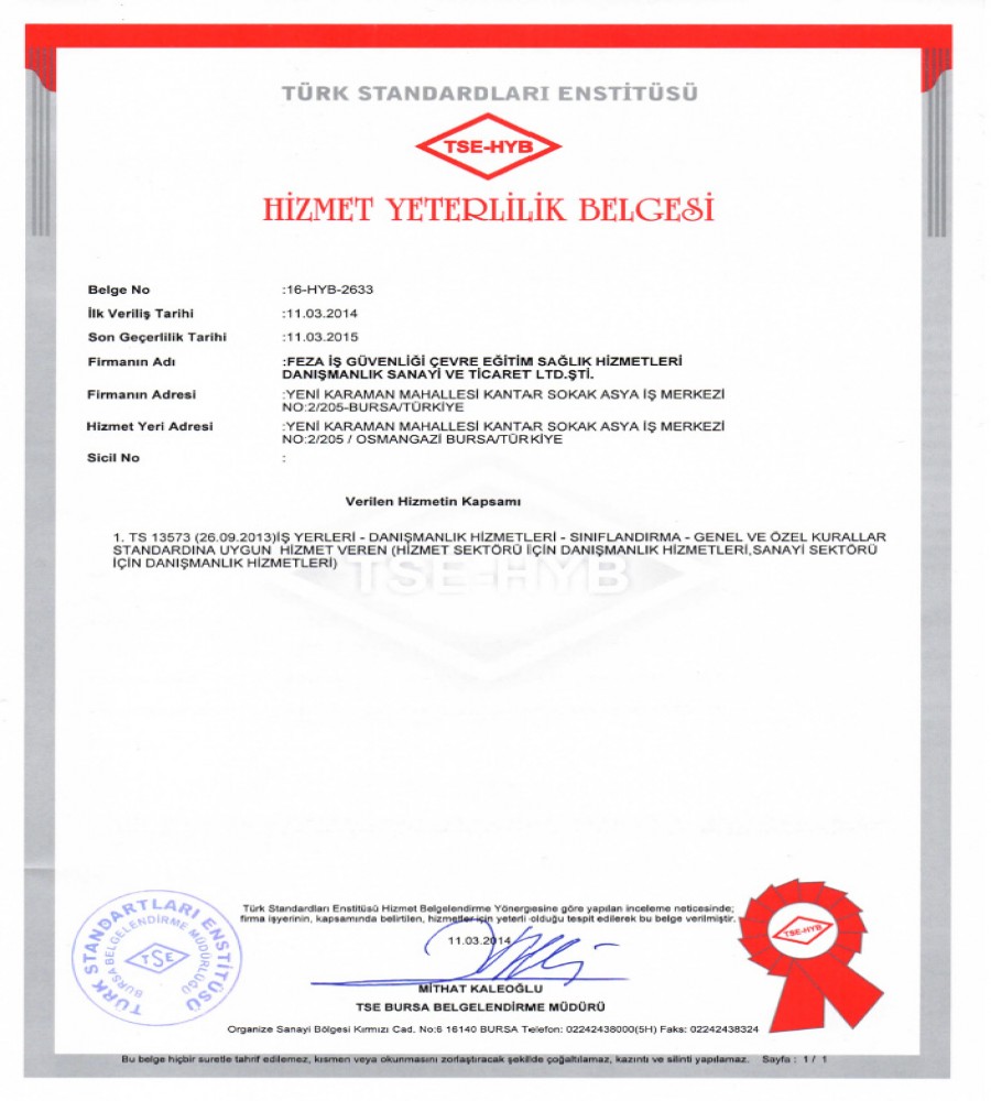 Hizmet Yeterlilik Belgesi